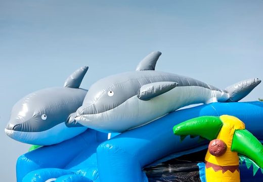 Inflatable overdekt shooting fun springkussen met glijbaan kopen in thema shooter challenge dolfijn schieten voor kinderen